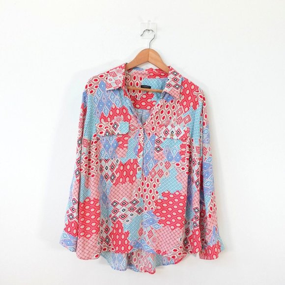 Talbots Top Womens 1X Red Western Shirt Aztec Boho Allover Patchwork Petites - Picture 1 of 12
